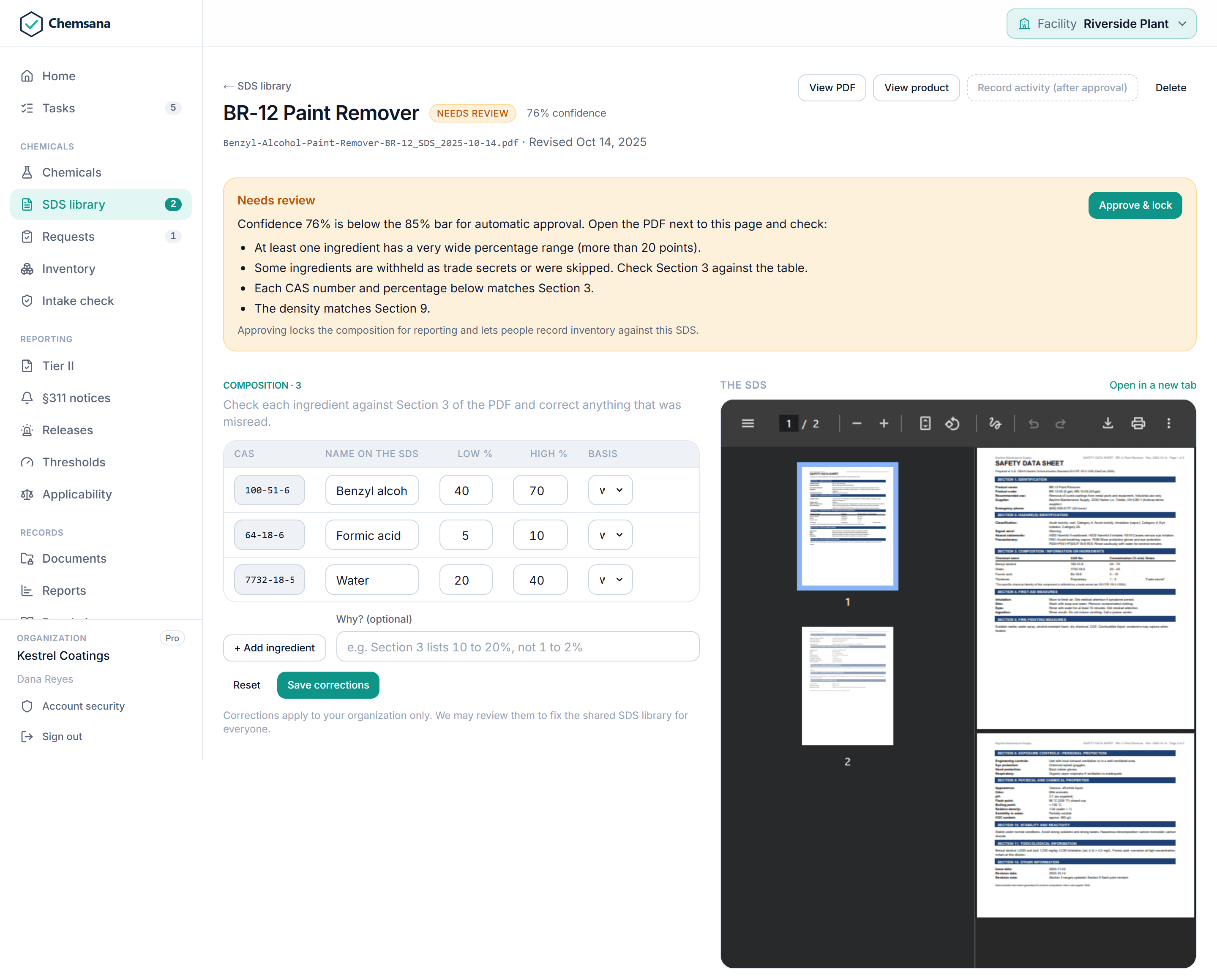 Chemsana SDS review: a paint remover SDS at 76% confidence flagged for a wide concentration range and a withheld ingredient, with the extracted composition editable beside the SDS PDF.