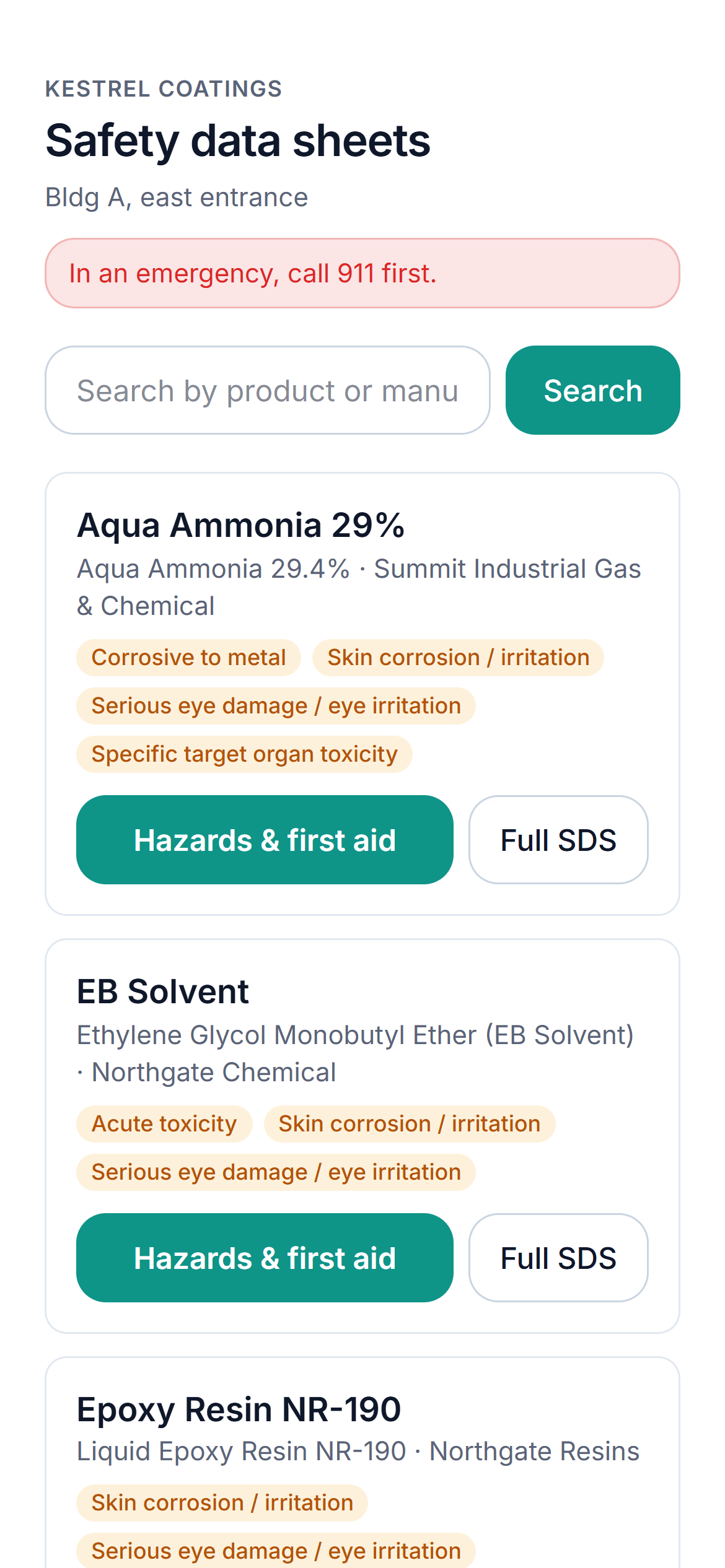 Chemsana QR page on a phone listing the products stored at one building entrance, with hazard tags and links to first aid and the full SDS.